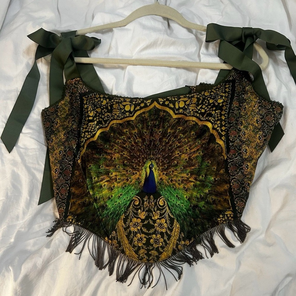 Dolls Kill Widow Satin Peacock Print Corset Top with Green Ties XXL